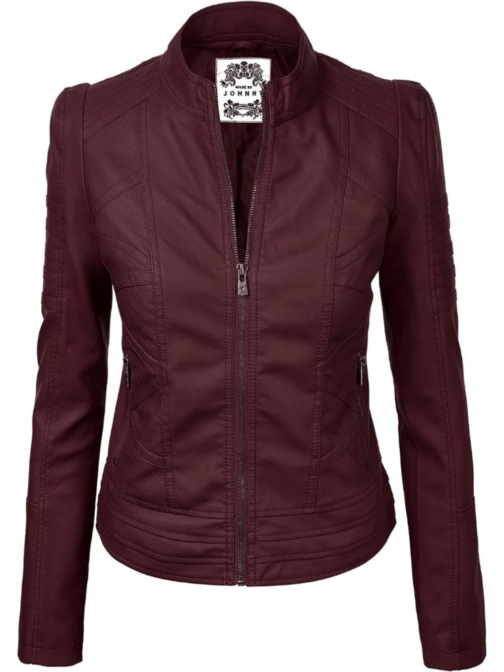 〽️Women's Wine Faux Leather Stitching Long Sleeve Zip Up Moto Biker Jackets